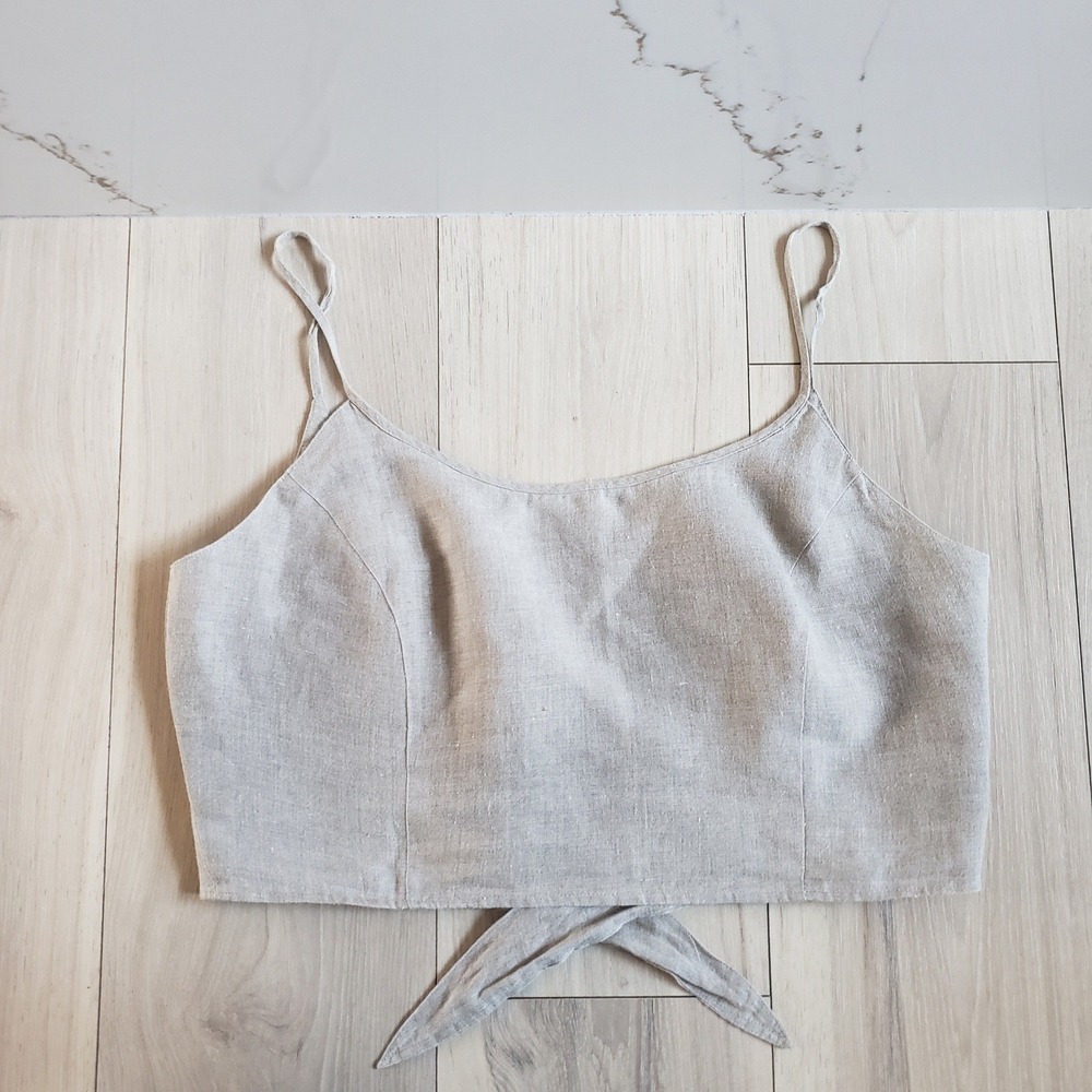 J Crew Linen Top Womens L Beige‎ Tie Back Cropped Sleeveless Tank